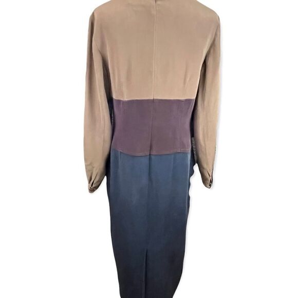 Vintage 90’s Pat Argenti Silk Neutral Colorblock Midi Dress M - Picture 4 of 8